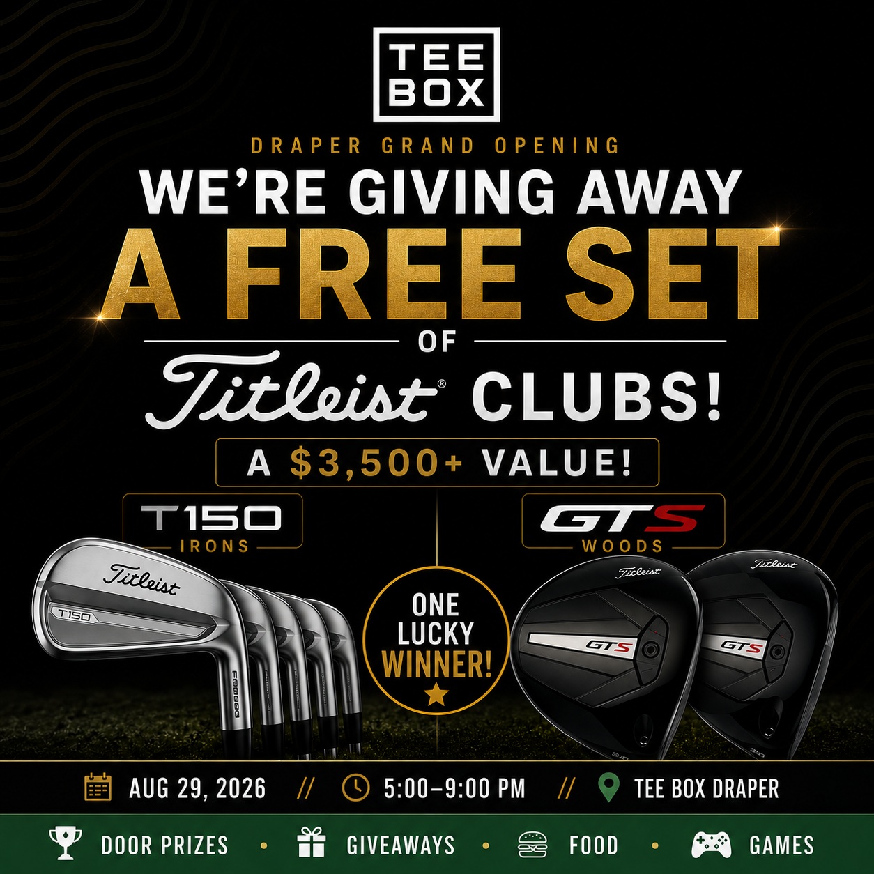 🚨 WIN A FREE SET OF TITLEIST CLUBS! 🚨

We’re celebrating the TEE BOX DRAPER GRAND OPENING in a BIG way. ⛳🔥

One lucky winner will take home an incredible set of Titleist clubs featuring T150 irons + GTS woods! 🏆

📅 Saturday, August 29
⏰ 5:00–9:00 PM
📍 Tee Box Draper
74 E 13065 S, Unit 2, Draper

Come hang out with us for:

🎁 Giveaways + door prizes
🍔 Food
🎯 Games
⛳ Golf
💪 Fitness + recovery
🔥 Sauna + cold plunge

Bring your friends, tour the new facility, hit some balls and see everything Tee Box Draper has to offer!

And yes… someone is going home with those Titleists. 👀⛳

👉 Tag the person who NEEDS a new set of clubs!

