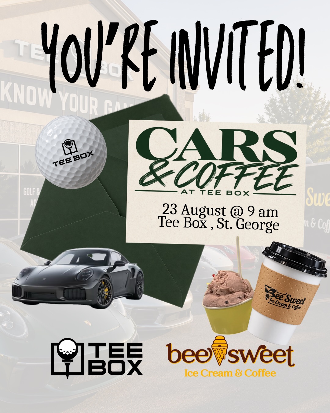 🚗☕️ CARS & COFFEE AT TEE BOX ☕️🚗

Mark your calendars — August 23 at 9 AM! We’re filling the Tee Box parking lot with cars, coffee, golf & a little friendly competition. 🏁⛳️

Come hang out, check out some sick cars, and head inside Tee Box to compete in our Long Drive + Closest to the Pin contests! We’ll also have a raffle giveaway you won’t want to miss. 👀🏆

☕️ @beesweet.utah will be parked outside serving up all the good stuff — coffee, lattes, espresso, affogatos, milkshakes & more!

And we want to FILL. THE. PARKING. LOT. 🚘🔥 Bring your car, bring your friends, and SHARE this post with anyone who needs to be there!

📍 Tee Box: 476 E. Riverside Dr. St.George, UT
📅 August 23
⏰ 9:00 AM

We can’t wait to see everyone there. Let’s fill the lot! 🚗☕️⛳️