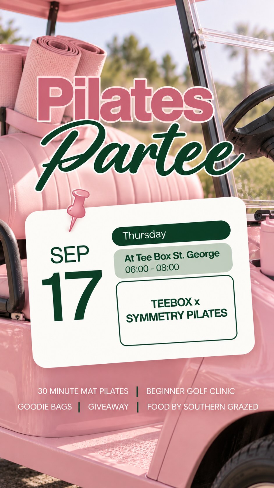 We’re officially LESS THAN TWO WEEKS OUT from Pilates Partee! 🎀⛳️

Tickets are limited and already selling, and we’re only reserving a set number of spots—so grab yours before we sell out! 🫶🏼

Join us September 17 from 6–8 PM at Tee Box St. George for the ultimate girls’ night featuring:

✨ 30-minute golf-focused mat Pilates with Symmetry Pilates
⛳️ Beginner golf clinic + simulator time
🎀 Curated goodie bags
🎁 Giveaways from local businesses
🥂 Food by Southern Grazed
🤍 New skills, new friends & a fun night trying something new!

Whether you’ve never touched a golf club, never tried Pilates, or already love both—this night is for you. Come ready to learn, move, have fun, and leave a little more confident on the course. 💕⛳️

Limited spots available—get your ticket before they’re gone! CODE: TEEBOX