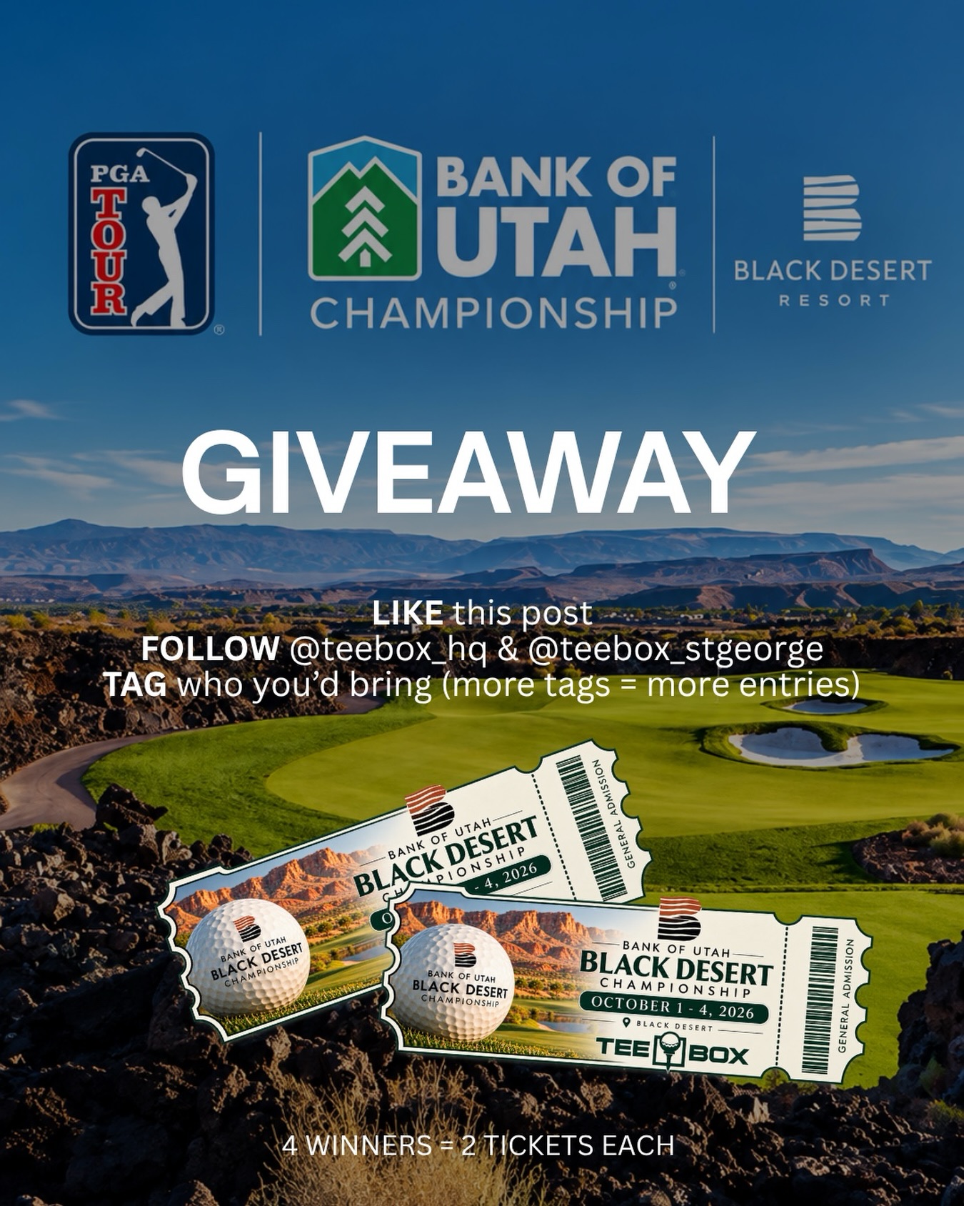 The PGA TOUR is coming to Southern Utah! ⛳️🏆

The @bouchampionship at Black Desert is happening October 1–4, and we’re so excited for @teebox_hq to be a part of the championship! To celebrate, we’re giving away 8 TICKETS! 🎟️

FOUR WINNERS will each receive TWO tickets!

To enter:
⛳️ Like this post
⛳️ Follow @teebox_hq + @teebox_stgeorge 
⛳️ Tag who you want to bring with you!

We’ll be reaching out to all 4 winners on Wednesday! 👀
Good luck & we’ll see you at @blackdesertresort 🏌️‍♂️✨