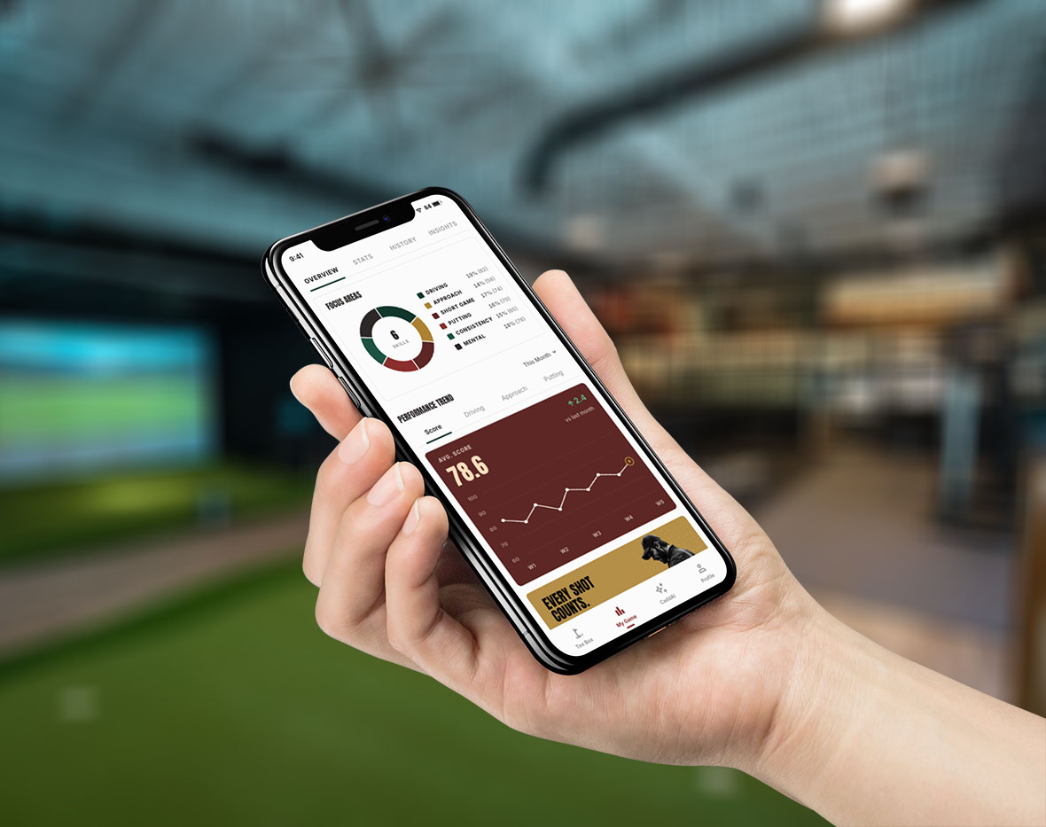 An image of the TBX app in someones hand - download the app today and have the Tee Box experience with you on the go.