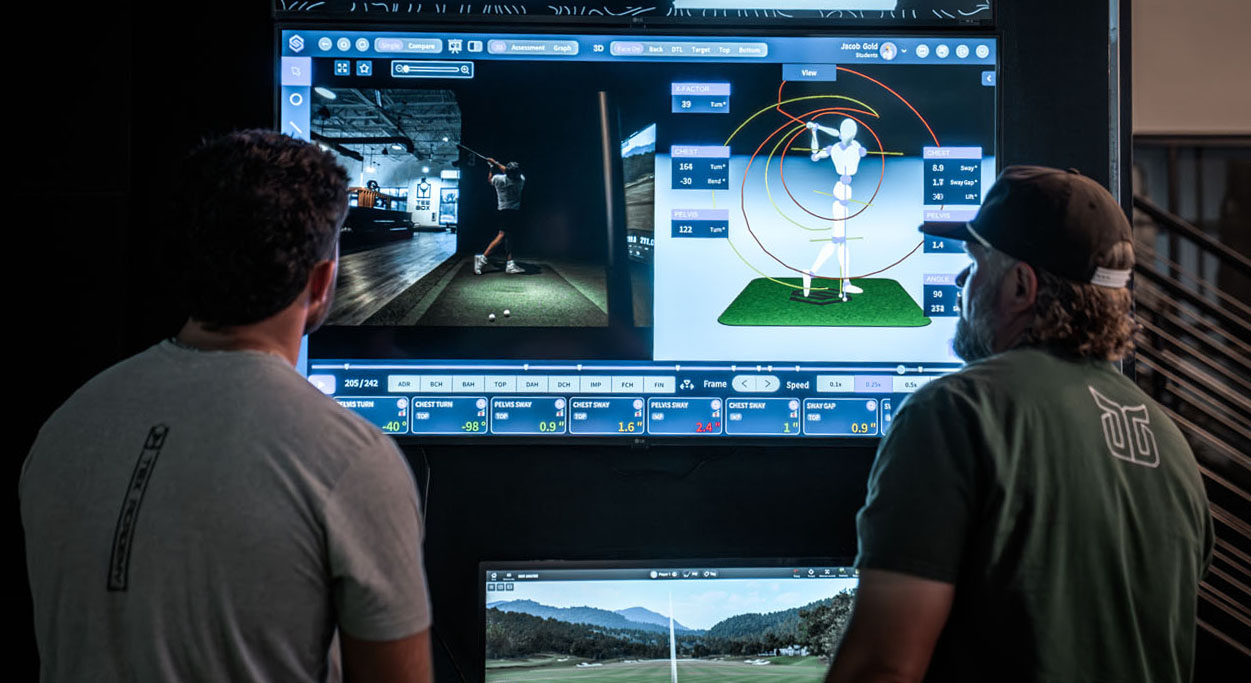 A Tee Box pro and golfer looking at training the data and technology screens we use.