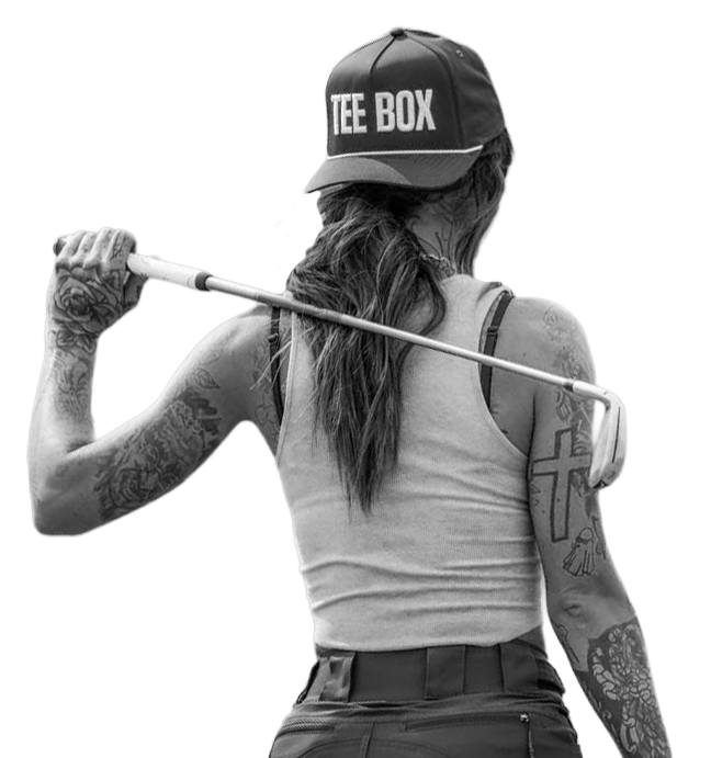 An image of a woman holding a golf club over her shoulder at Tee Box party facilities. 