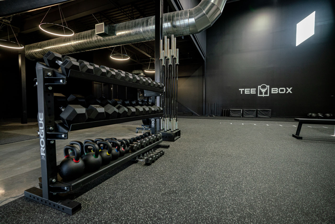 Inside Tee Box's golf fitness gym.